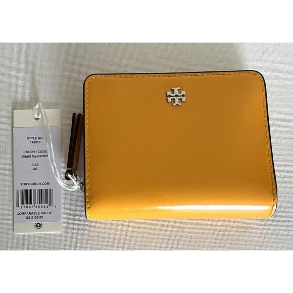 New Tory Burch Emerson Mini Patent Leather Wallet Bright Squash - Picture 2 of 5